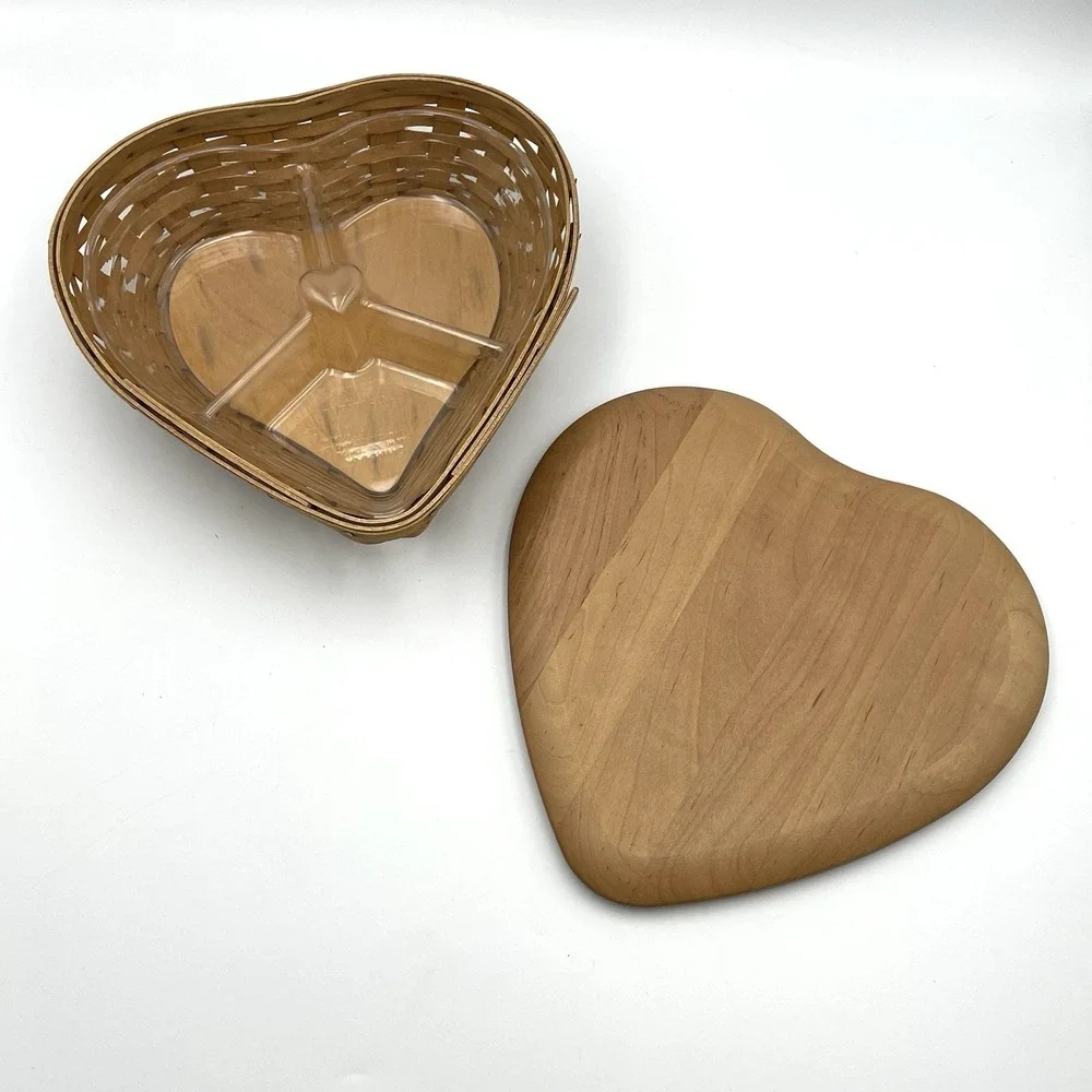 Vintage 2004 Longaberger Heart Basket Set With Lid & Protector Woodcrafts USA
